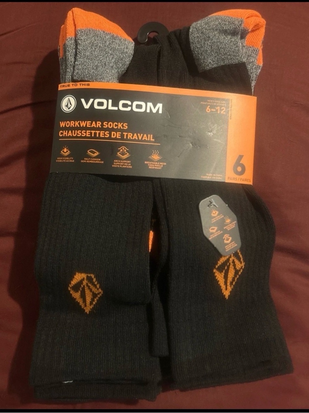 Volcom Men’s Black and Orange Workwear Crew Socks sk8ter - 6 Pack